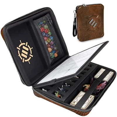Image of ENHANCE Collector&#039;s Edition RPG Organizer Case DnD Binder with Built in Character Sheet Holder and Erasable Scribe Panel, Dice Rolling Area, Removable Pen Pouch, Miniature Foam Tray (Dragon Brown)