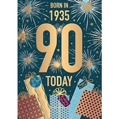 Image of Words &#039;n&#039; Wishes Male 90th Birthday Card Happy Age 90 with Born in 1935 Fireworks and Gifts Design Embossed Foil Details for Men