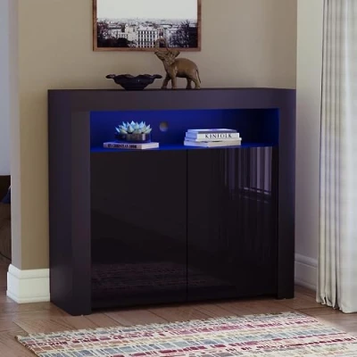 Image of Vida Designs Nova 2 Door Modern LED Sideboard in Black, RGB Lights (Fade/Strobe Options Included), High Gloss