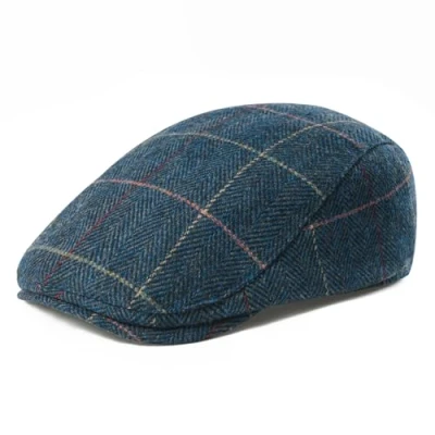 Image of FEINION Men Wool Blend Flat Cap Tweed Newsboy Ivy Hat, Plaid Blue, One size