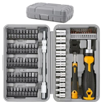 Image of Hi Spec 79pc Multi Screwdriver Bit Set and 1/4 inch Socket with Handles. Flexible Extension, Precision, Torx Tamperproof Hex Screwdriving Accessories in a Case