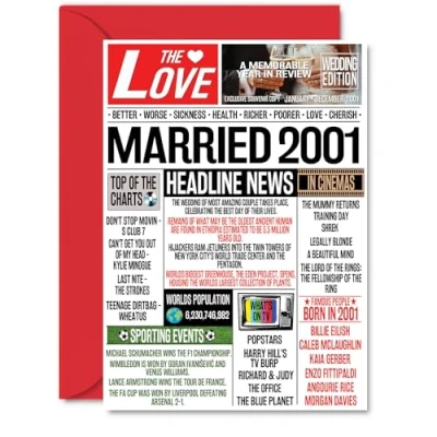 Image of 23rd Anniversary Cards for Men Women Married 2001 Newspaper Happy 23 Wedding Card Husband Wife Brother Sister Aunt Uncle Vintage Retro 2001, A5 Greeting
