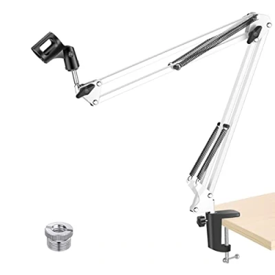 Image of NEEWER Adjustable Microphone Suspension Boom Scissor Arm Stand, Max Load 1 KG Mic Stand for Radio Broadcasting, Voice Over, Stage and TV Stations, Compatible with Blue Yeti Snowball X,etc (White)
