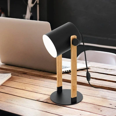 Image of Eglo Table lamp Hornwood, Vintage Bedside in Industrial Design, Retro Living Room and Bedroom Lighting, Metal Black Cream, Natural Wood, FSC Certified, E27 Socket, incl. Switch