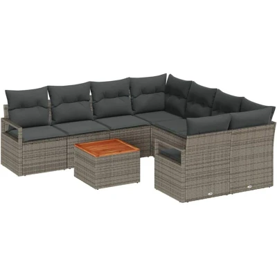 Image of vidaXL 9 Piece Garden Sofa Set with Cushions Grey Poly Rattan Acacia