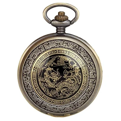 Image of JewelryWe Men&#039;s Womens Retro Bronze Quartz Dragon and Phoenix Pocket Watch Necklace with 31.5&quot; Chain