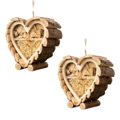 Image of Garden Mile Wooden Insect Hotel Natural Wood House Shelter Nesting Habitat For Bees Butterflies Ladybugs Bug Eco Friendly Outdoor (2x Love Heart Hotel)