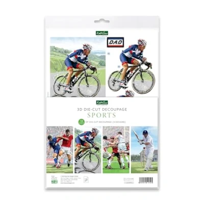 Image of Katy Sue Designs Sports 3D Die Cut Decoupage Sheets for Card Making. A Pack of 12 Pre Sporty Cuts Making Supplies Featuring Football, Rugby, Cycling, &amp; Cricket