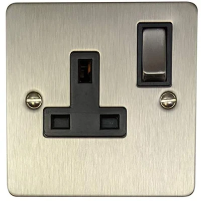 Image of G&amp;H Brassware FSS309 13A Double Pole Flat Brushed Steel Single Socket Matching Switch and Black Insert