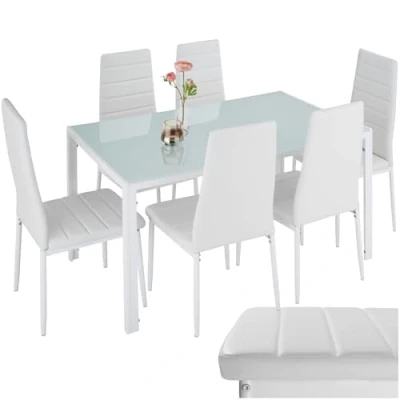 Image of TecTake® Dining Table and Chairs Modern Set with 6 in Faux Leather, Elegant Safety Glass Top &amp; Robust Steel Frame, Ideal Room Kitchen White