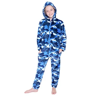 Image of CityComfort Onesies for Boys, Fluffy Fleece Pyjamas Kids and Teenage Boys Girls, Gaming Onesie, Camo Warm Winter PJs 7 14 Years (11 12 Years, Blue Camo)