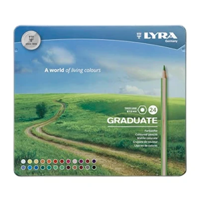 Image of LYRA Graduate Colouring Pencils, 3.8mm Thick Lead, 24 Assorted Colours, Technical &amp; Artistic Drawing, Tin Box, Ideal for Student Artists Schools