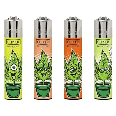 Image of Clipper Lighters 4pcs Set, Collection SET DESIGN (No Fuel) Mix Designs Refillable Assorted Colors Reusable Soft Flame Kitchen Lighter (Renzo Leaves 4pcs)