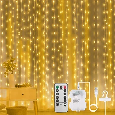 Image of Aomig LED Curtain Lights, 3mx3m 300LED Fairy 8 Modes Remote Control Timer Adjustable Brightness,Waterproof Window String Lights USB &amp; Battery Powered for Bedroom Party(Warm White)