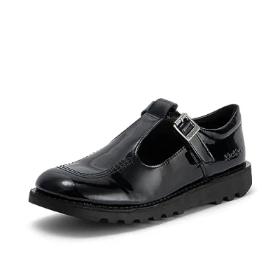 Image of Kickers Youth Girl&#039;s Kick T Bar Black School Shoes, Vegan Patent Black, 6 UK
