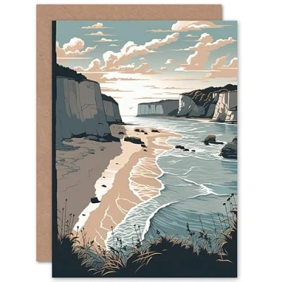 Image of Artery8 Bay with Cliffs Pastel Colour Coastal Landscape Travel Birthday Sealed Greeting Card Plus Envelope Blank inside