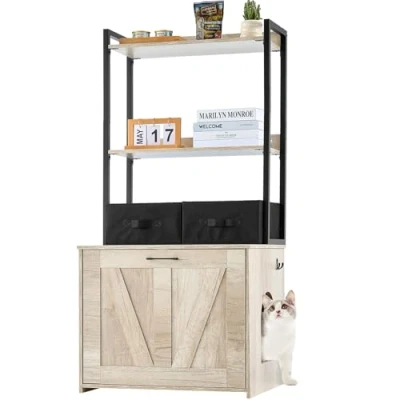 Image of VEVOR Cat Litter Box Enclosure, Hidden Furniture with 2 Storage Shelves &amp; Baskets, Wooden Washroom Indoor, House Cabinet Fit Most of Box, 23.6&quot;L x 19.7&quot;W 50&quot;H, Natural