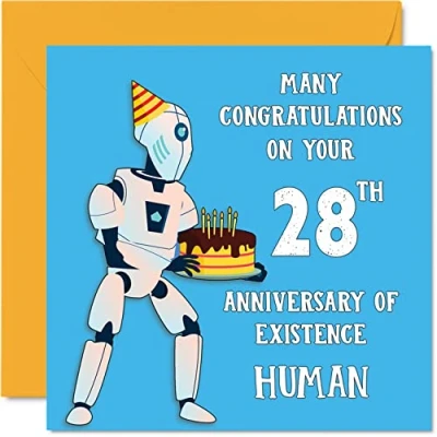 Image of Funny 28th Birthday Cards for Men Woman Robot Droid Happy Card Son Daughter Brother Sister Uncle Auntie Niece Nephew Cousin, 145mm x Joke Humour Banter Greeting