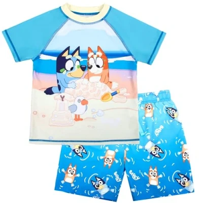 Image of Bluey Swim Set for Boys 2 Piece Swimming Shorts &amp; T Shirt UV Sun Protection Costume Age 5 6 Blue