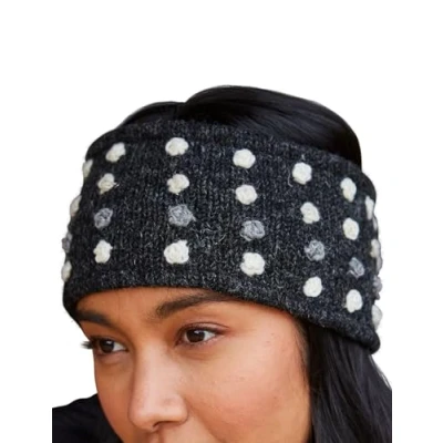 Image of Pachamama Women Wool Ear Warmer Headband Fleece Lined Handknitted Roses Spots Embroidered Multicoloured One Size Handmade Fair Trade (Charcoal, Wool)