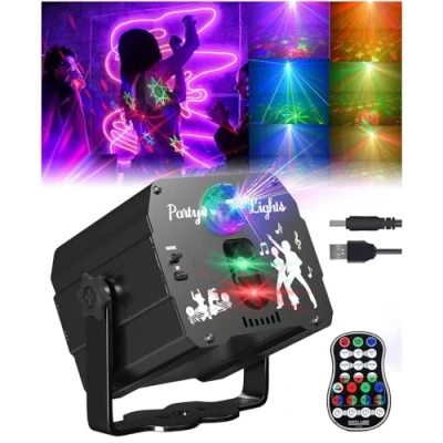 Image of DJ Disco Stage Party Lights, Sound Activated RGB Flash Strobe Light with Control for Karaoke Parties Indoor Projector Wedding Christmas, 90 Patterns Effects, USB Powered
