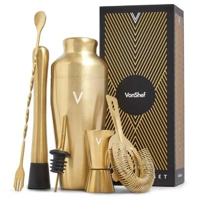 Image of VonShef Cocktail Shaker Set, Black 6pc Set with 550ml Parisian Shaker, Professional Bartender for Home Bar, Including Strainer, Muddler, Jigger &amp; Other Bar Accessories, Gift Box Included