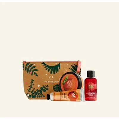 Image of The Body Shop 4 PC Mini Set Mango Hand Cream, shower gel, Shea Butter Zip Bag TRAVEL GYM