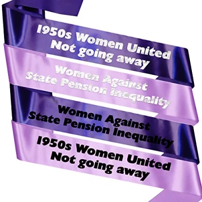 Image of My Pretty Little Gifts WASPI Sash Women Against State Pension Inequality International Women&#039;s Day 1950s Retirement Equality March