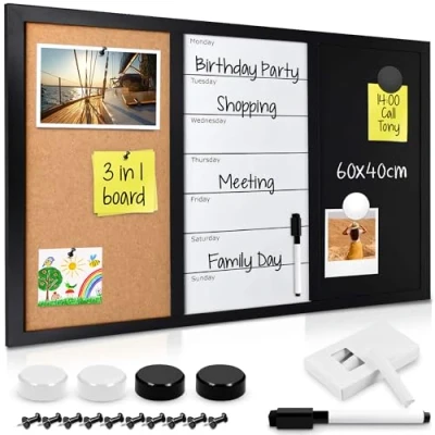 Image of Navaris Combination Board Cork/Whiteboard/Chalkboard 60 x 40 cm Magnetic Memo Notice with Frame Includes Chalk, Push Pins, Marker, Magnets