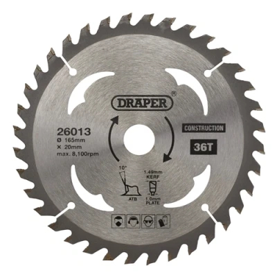 Image of Draper TCT Cordless Construction Circular Saw Blade for Wood &amp; Composites, 165 x 20mm, 36T