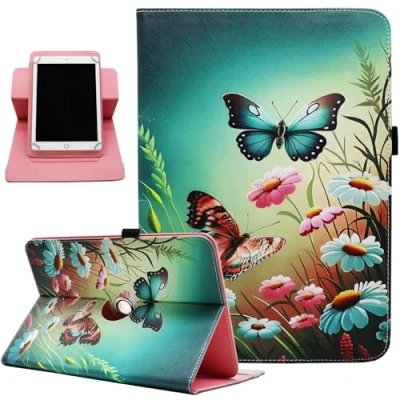 Image of Universal 8 Inch Tablet Case, 7 Rotating Case Cover for Android Tablet, Dluggs 360 Degree Stand 7.0 8.5 Butterfly Flowers