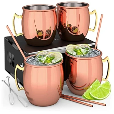 Image of Beyond Moscow Mule Mug Set Copper Cups with Straws and Gift Box I Cup Traditional Smooth Surface as Gin &amp; for Cocktail (Set of 4)