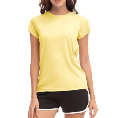 Image of MEETWEE Swim Shirts for Women, Short Sleeve T Shirt Athletic Casual Tops Quick Dry UPF 50+ Running Surfing Workout Yoga Sun Tee Lemon Yellow