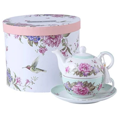 Image of London Boutique Tea for One Teapot Cup suacer Set Shaby Chic Flora Bird Rose Butterfly Porcelain Gift Box (Teal)