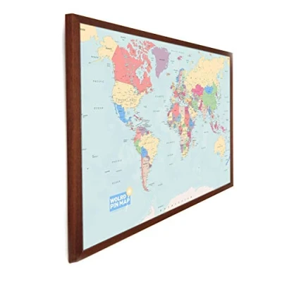 Image of World Map Pinboard Large 76cm X 51cm, Ready To Hang, Mono Tone Or Colour Map, Laminated Noteboard, Write on/Wipe Off, Eco Friendly Beaver Board (Dark Wood Frame, Multi Coloured)