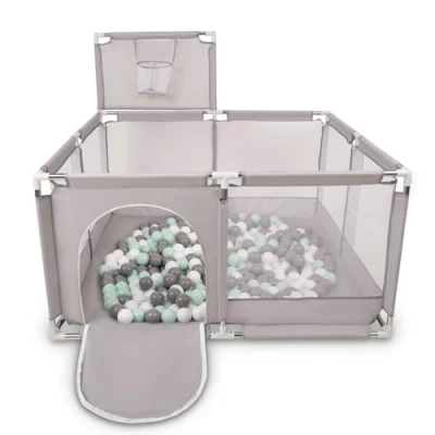 Image of Selonis Square Play Pen Filed with 400 Balls Basketball, Grey:White/Grey/Mint