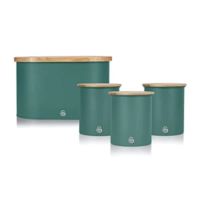 Image of Swan Nordic Green Kitchen Accessory Set with Bread Bin and Cutting Board Lid of 3 Storage Canisters, Bamboo Lids, Handy Storage, Soft Matte Finish, STP1022GREN