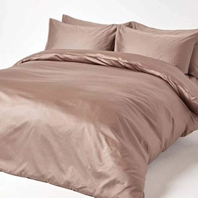 Image of HOMESCAPES Brown Organic Cotton Duvet Cover Set King Size 400TC 600 Thread Count Equivalent Quilt Bedding 2 Pillowcases Included