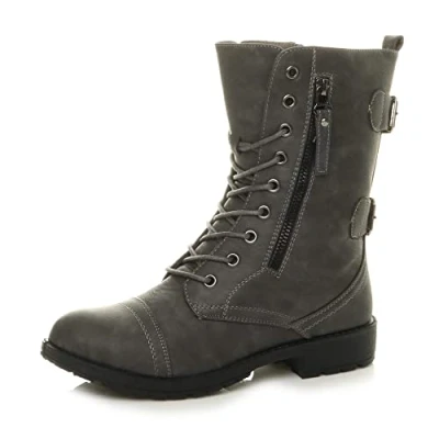 Image of Ajvani Womens Ladies Flat Low Heel lace up Zip Combat Military Ankle Boots, Grey Matte, 5 UK