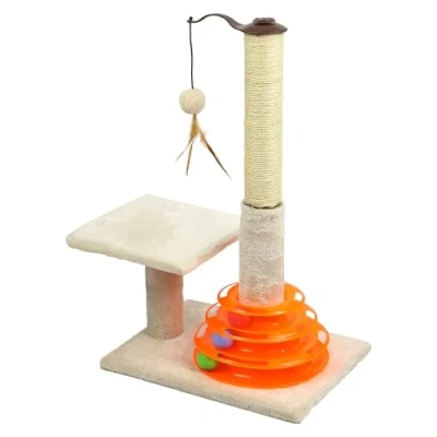 Image of Taylor &amp; Brown 25 Tall Cat Scratching Post, Cats Scratcher Kitten Scratch Post Indoor with Sisal Pole Interactive Tracks Toy Balls, Covered Soft Plush Carpet, Beige