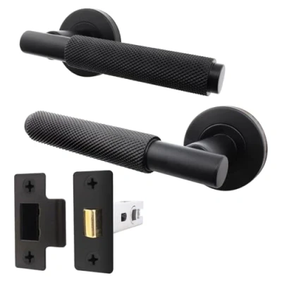 Image of EAI Black Door Handle &amp; Latch Set Round Internal Knurled Handles (66mm) Matt Lever on Rose Dolton Range