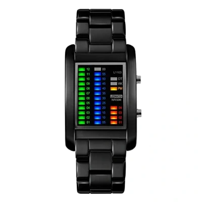 Image of FeiWen Fashion Binary Digital Watches for Men Black Stainless Steel Rectangle Dial Outdoor 50M Waterproof Red Yellow Blue Green LED Light Week Calendar