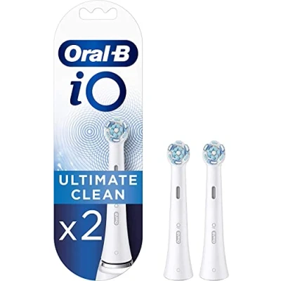 Image of Oral B iO Ultimate Clean Electric Toothbrush Head, Twisted &amp; Angled Bristles for Deeper Plaque Removal, Pack of 2 Heads, White