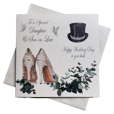 Image of White Cotton Cards Code to A Special Daughter &amp; Son in Law Happy Day You Both Handmade Wedding Card, PD44