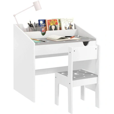 Image of AIYAPLAY Kids Desk and Chair Set, Children Study Table with Storage, Pull out Drawer, for Bedroom Playroom, Nursery, Gift 3 6 Years Old, Star &amp; Moon Pattern Grey