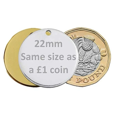 Image of Personalised Round/Bone Engraved Dog ID Name Tag Small/Large Pet/Cat Tags (22mm, Gold/Brass)