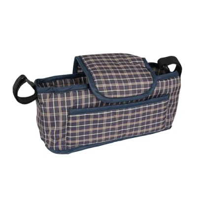 Image of Pet Stroller Caddy Organiser Navy Blue Pushchair Pram Travel Accessory Bag Detachable Hook &amp; Loop Straps Elastic Cup Pouch Front Pocket Large Capacity Multifunctional Waterproof Oxford Fabric