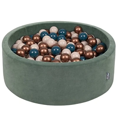 Image of KiddyMoon Soft Ball Pit Round 90X30cm/200 Balls ∅ 7Cm / 2.75In For Kids, Foam Velvet Pool Baby Playballs, Made In EU, Forest Green:Dark Turquoise/Pastel Beige/Copper