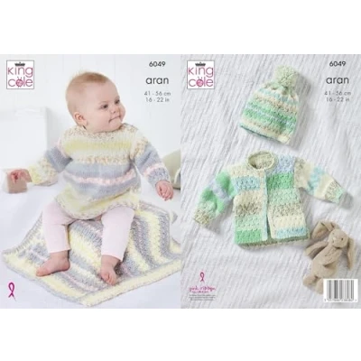 Image of King Cole Aran Baby Knitting Pattern Dress Jacket Hat &amp; Blanket (6049)