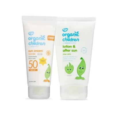 Image of Green People Organic Children Sun Cream SPF50 100ml + After 150ml Bundle Natural, Sunscreen &amp; for Kids Gentle Lavender Scent Easy to Apply Babies 6m+,